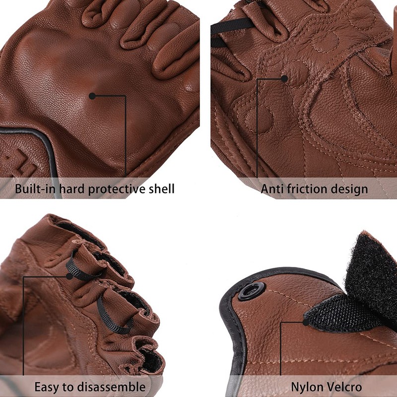 Harssidanzar Mens Gloves Half Finger Goatskin Leather Motorcycle Gloves GM037UK,