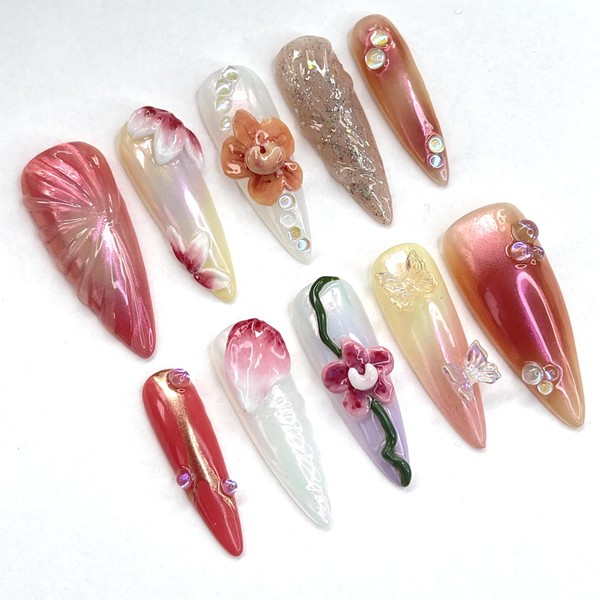 Ethereal Blossom,Custom Press On Nails, Handmade Nails, Stiletto Nails, Size