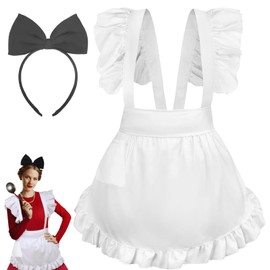 egniFurn Adjustable White Frilly Maid Costume Apron Set With Pocket, Includes Cute Bow Headdress, Retro Ruffles, Baking