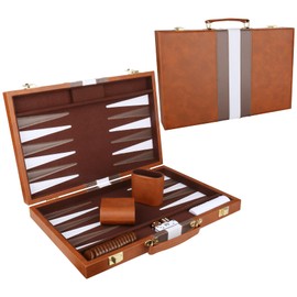 Backgammon Set - Classic Board Game with Premium Leather Case - Portable Travel Strategy Backgammon Game Set for Adults, Kids - Suitable as (15inch, Brown)