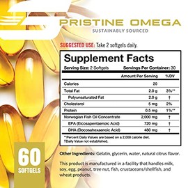 Granite® Prístino Omega (60 cápsulas blandas, sabor cítrico) Omega-3 de alta potencia 2000 mg de aceite de pescado noruego, 1200 mg Omega 3 EPA+DHA, d