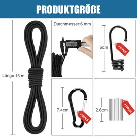 Akicderu Rubber Cord, 6 mm x 15 m Expander Rope, Versatile Rubber Cord, Strong Elastic Rubber Cord, Rubber Band, Tarpaulin Rope, Tension Rope for DIY, Black