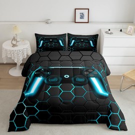 Gaming Comforter for Boys Teens Game Bedding Sets Full,Kids Gamer Comforter Set Game Home Decor,Soft Neon Lights Gamepad Duvet Insert All Season Hexagon Quilt Comforter with 2 Pillowcases, Blue Grey