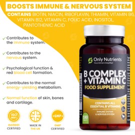 Only Nutrients | B Complex + Vitamin C | 180 Vegan Tablets (6 Months Supply) | All 8 B Vitamins B1-B2-B3-B5-B6-B12, Biotin, Folic Acid, Enhanced for Energy, Immune & Nervous System Support - UK Made