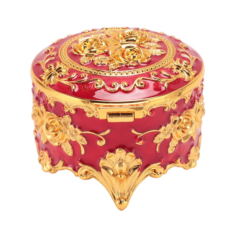 Vintage Metal Jewelry Box Round Exquisite Hand Carved Gold Flower