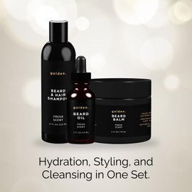 Golden Grooming Co. Beard Bundle – 2 oz Beard Oil, 4 oz Beard Balm, and 8 oz Beard and Hair Shampoo – All-Natural Beard Grooming Set for Nourishment, Styling, and Cleansing