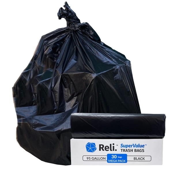 Reli. SuperValue 95 Gallon Trash Bags | 30 Count | Made in USA | Heavy Duty | Black Multi-Use Garbage Bags