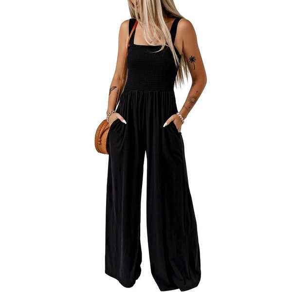 Dokotoo Loose Jumpsuits for Women Overalls Oversized Solid Color Wide Leg One Piece Sleeveless jumpsuit Long Pant Romper with Pockets 2023 Fashion Black Large