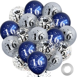 18Pcs 16th Birthday Decorations for Boys Girls Blue Silver 16th Birthday Balloons Decoration Happy 16th Birthday Confetti Latex Balloons Decorations for Men Women 16 Anniversary Birthday Party Décor