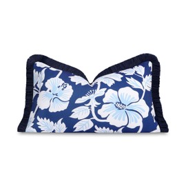 Hofdeco Premium Coastal Patio Indoor Outdoor Lumbar Pillow Cover Only, 12"x20" Water Repellent for Backyard, Couch, Navy Baby Blue Print Tropical Hisbucs Flowers