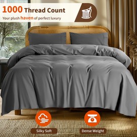 LBRO2M 1000 Thread Count 100% Egyptian Cotton Sheets Set,Full Size Bed Sheet 4 Piece Sets,Long Staple,16 Inches Deep Pocket,All Season,Bedding Super Soft Breathable,Sateen(Dark Grey)