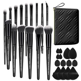 MAGEFY Brochas para Maquillaje Profesional, 15 PCS Brochas de Maquillaje con 14 Esponjas y Bolsa de Gran Capacidad, Juego Completo para Rostro y Ojos - El Mejor Regalo para Mamá en el Día de la Madre (Negro)