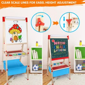 Easel for Kids Foldable Art Easels for Toddlers-Adjustable Standing Wooden Drawing Easel with Paper Roll-Magnetic Double Sided Whiteboard & Chalk board-130+pcs Accessories Easel for Kids 2-4 4-8 9-12