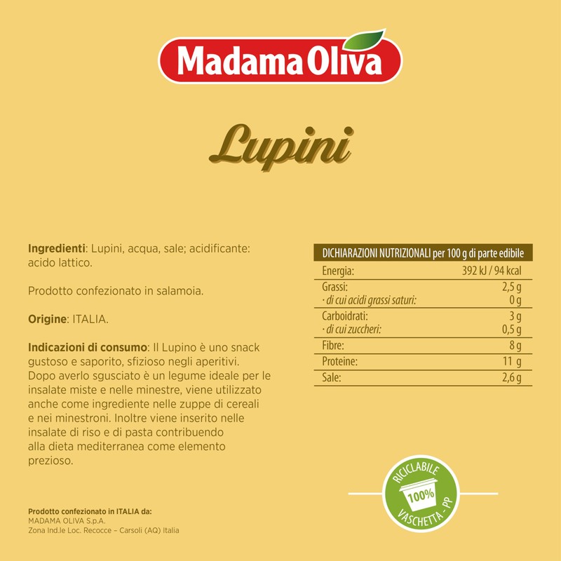 MADAMA OLIVA, Lupini Salati, Ottimo Snack per Aperitivi, Ideale per