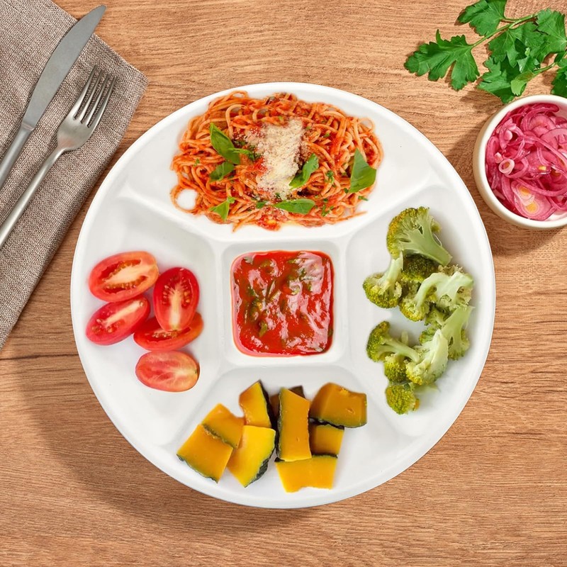 ZILAMGOO 50 Pack 5 Compartment Disposable Paper Plates, Eco-Friendly Sectional