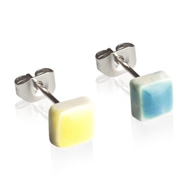 Small Ceramic Stud Earrings Yellow Blue • Ukrainian Flag Earrings Asymmetrical • Stand with Ukraine Fundraising Aid • Handmade Jewellery • 5 x 5 x 3 mm