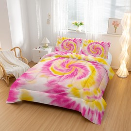 Nttopship Pink Tie-dye Comforter Sets Twin Size,Abstract Modern Art Bedding Set for Your Room,Graffiti Soft Lightweight Quilted Set All Season 1 Comforter and 2 Pillowcases