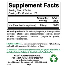 Best Naturals Best Naturals Iron Supplement (Iron Bisglycinate) - 25mg - 180 Tablets - Gentle of Stomach - Non-Constipating