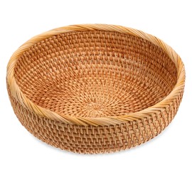 Rattan Bread Baskets 9.5 Inch Natural Round Rattan Fruits Bread Baskets Wicker Serving Storage Bowls, Vintage Hand-woven Wicker Fruit Serving Baskets Bowls for Candy Snack Fruit Kitchen Organizing