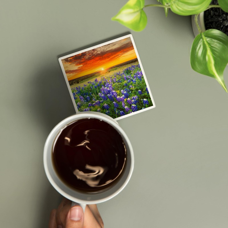 Lantern Press Texas Bluebonnet Flower Field and Sunset (Absorbent Ceramic