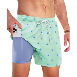 Gleeease Swimming Trunks Mens 5 Inch Inseam Compression Liner Men Bathing Suit Lined Board Shorts Stretch 2in1 Suits