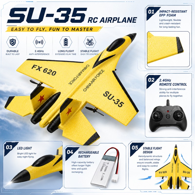 SU35 RC Foam Airplane for Outdoor Flying – 2.4GHz Remote