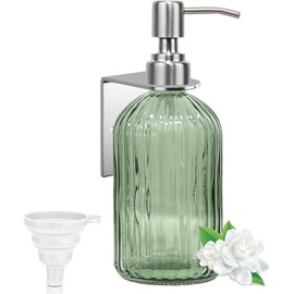 Green Soap Dispenser Wall Mount for Bathroom, 14oz Clear Glass Shower Hand Body Wash Dispensers for Kitchen, Shampoo and Conditioner Dispenser with Stainless Steel Pump and Drill-Free Holders