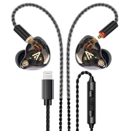 Audiovance Vibes 202ML Wired Earphones, HiFi in Ear Monitor Earbuds, Clear Sound Headphones with Mic, MMCX-Lightning for iPhone5~14, Deep Bass Earphones, Black