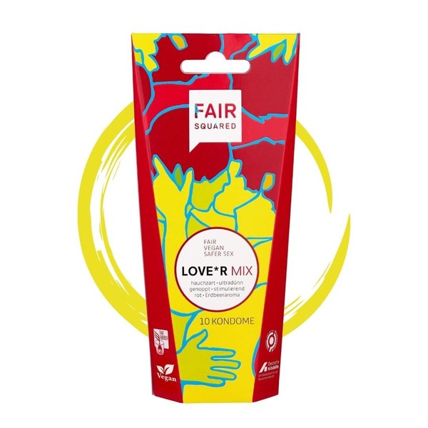FAIR SQUARED Pack of 10 Love*r Mix Condoms - Mix Sweet + Ultimate Thin + Intense - Vegan Condoms - Natural Rubber Sustainable & Fair - LGBTQ - Real Feel Very Delicate Condoms