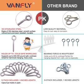 304 Stainless Steel Eye Shape Screws Metal Hook, Heavy Duty Hanging Hooks Eyelet Screws Bolt for Yoga & Brazilian Hammocks, Swing Chair, 12 Pack, 3-1/5 Inch, M6 Screw (Style A)