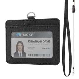 PU Leather Retractable Badge Holder with Clear ID Window & 2 Storage Compartments - Double-Sided Horizontal ID Card Holder with Neck Lanyard, 23.6inch Reel & Snap Closure for Nurses, Teachers, Black