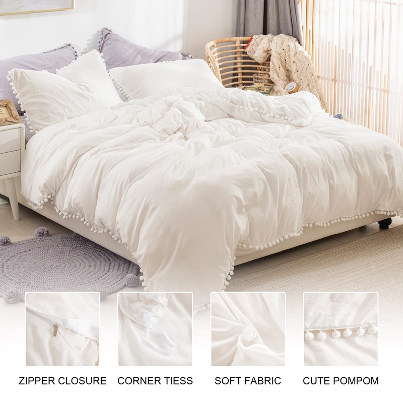 WONGS BEDDING White Duvet Cover Single Size Pompoms Tassels Design