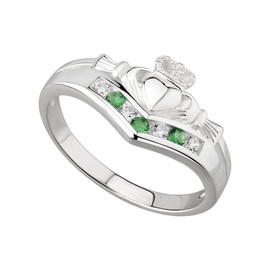 Biddy Murphy, Irish Claddagh Ring for Women Green Gem & Cubic Zirconia Wishbone Band Made in Ireland Size 6.5