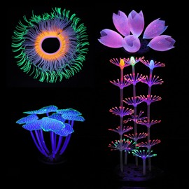 Filhome Glowing Fish Tank Decorations Plants, 4 pcs Glow Aquarium Decoration Plants Kit Glowing Sea Anemone Coral Ornaments
