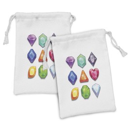 Lunarable Diamonds Fabric Pouch Set of 2, Cartoon Style Graphic Gemstone Shapes with a Vivid Display in Colorful Design, Small Drawstring Bag for Toiletries Masks and Favors, 9" x 6", Multicolor