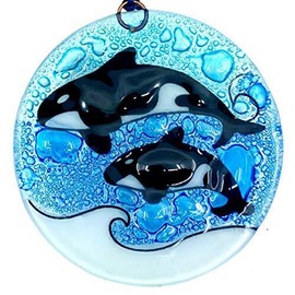 Ruth and Wilde Orca Whale and Baby Christmas Tree Ornament - Art Glass Light Catcher
