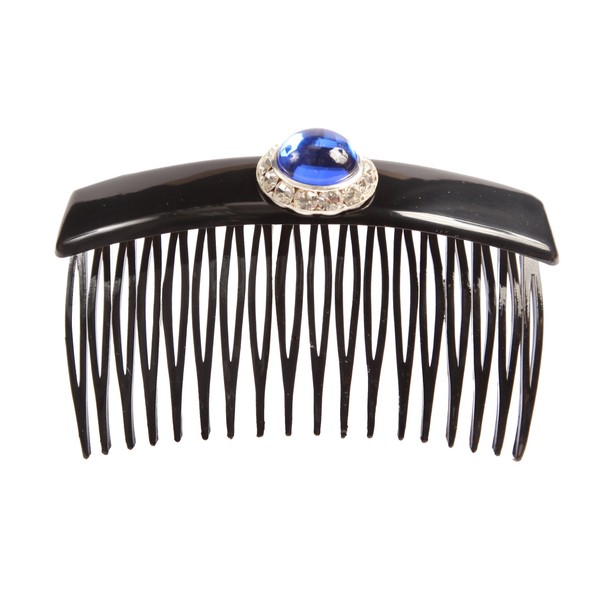 Caravan Hand Decorated French Black Over Lapping Comb with Large Sapphire and Swarovski Crystal Stones.65 Ounce