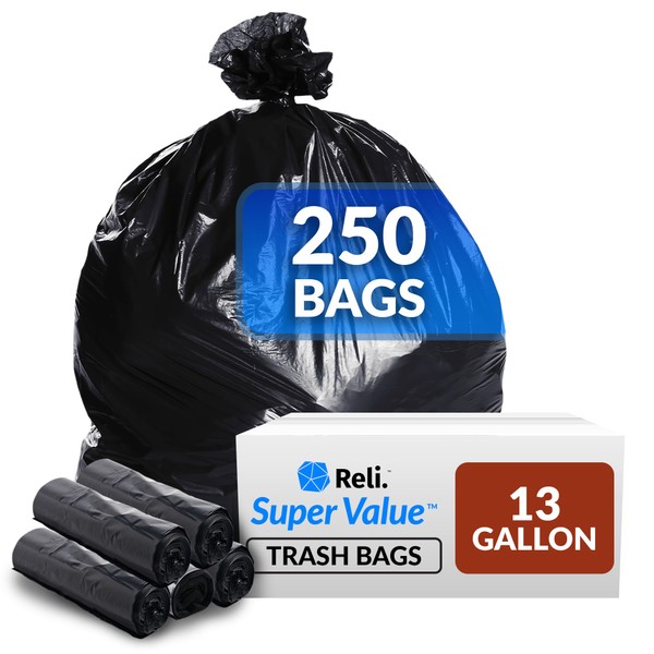 Reli. 13 Gallon Trash Bags | 250 Bags | Black Trash Bags 12-13 Gallon | Kitchen Garbage Bag | Liner