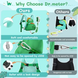 Dr.meter 3 in 1 Toddler Reins, Backpack with Reins 1.2M Cute Dinosaur Kids Safety Harness Tether with Key Lock Child Protective Leashes While Walking for Outdoor Activity Keep Kids Close