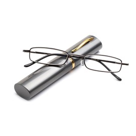 "Pocket" Readers Ultra Compact Spring Temple Reading Glasses w/Portable Pocket Clip Aluminum Case Gunmetal +3.50