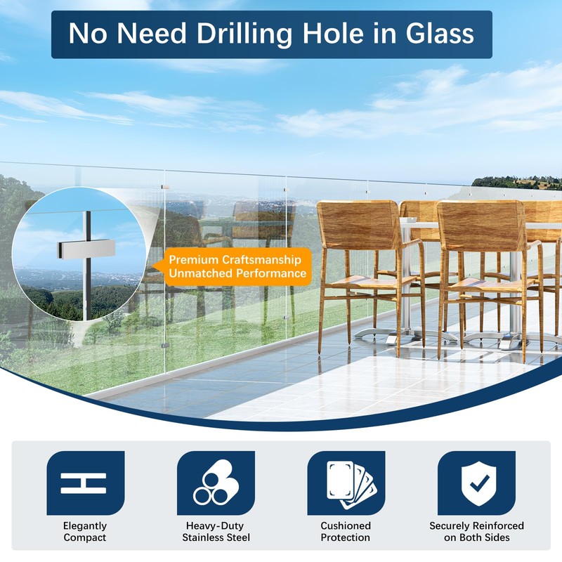 Gyykzz Railing Glass to Glass Clamp, 180 Degree Stainless Steel
