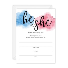 Gender Reveal Fill In Invitations / 25 He Or She Invites With White Envelopes / 5" x 7" Baby Shower Party Event Invites/Made In Canada