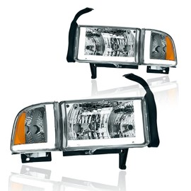 DimFlux LED DRL Headlight Assembly Headlights Kit Compatible with 1994-2001 Dodge Ram 1500/1994-2002 Ram 2500 3500(DON'T Fit SPORT Models & Ram VAN Models) Headlamp Chrome Housing Amber Reflector