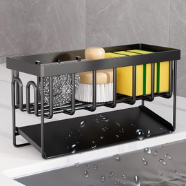 LanDaheng Sink Caddy Sponge Holder for Kitchen Sink with Rag hook and Self Drain Tray, Rustproof Kitchen Sink Organizer for Sponge, Soap Dispenser Storage Kitchen Accessories