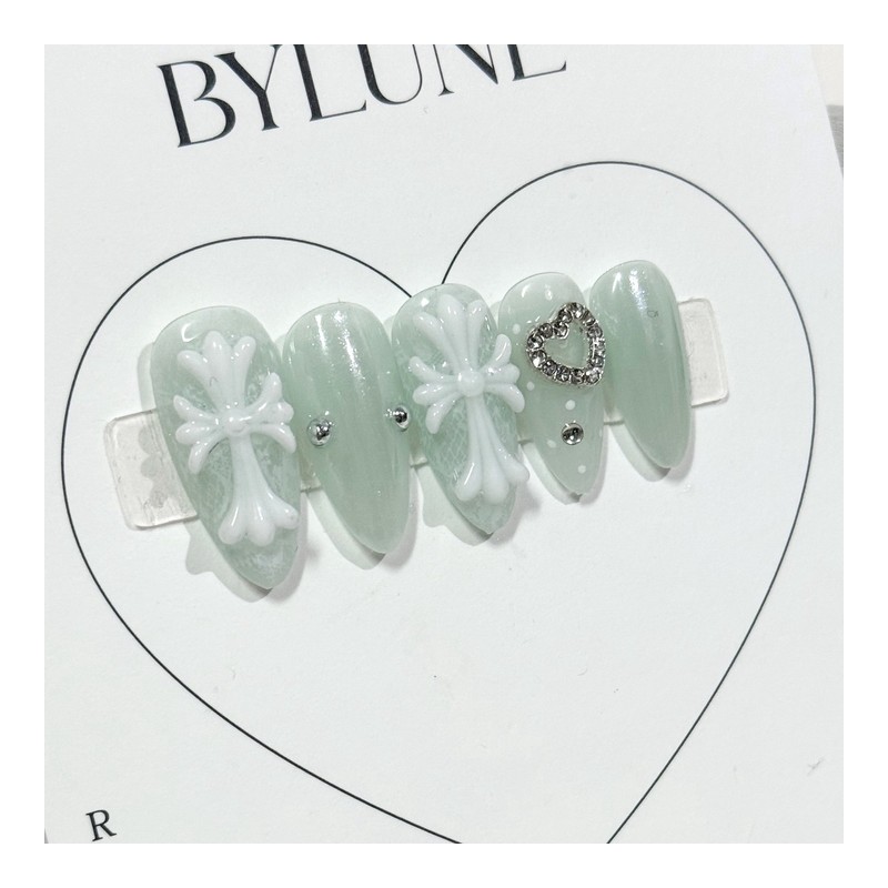 Mint Cross Handmade Nail Tips Nail Tips - Short Almond