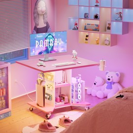 Pamray Small Rolling Gaming Desk with Led Lights Power Outlets and Storage Pegboard, Small Spaces Compact PC Computer Table Pink