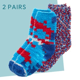 WS-AW23 Boys 2 Pairs Fluffy Snuggle & Popcorn Socks Cosy Bed Socks Non Slip Pixel Designs Blue 9-12