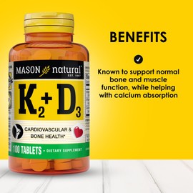 MASON NATURAL MASON NATURAL Vitamin K2 + D3, 100-Day Supply, with Calcium for Normal Bone and Muscle Support, Tablets