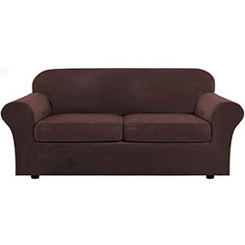 Real Velvet Plush 3 Piece Stretch Sofa Covers Couch Covers for 2 Cushion Couch Sofa Slipcovers (Base Cover Plus 2 Large Cushion Covers) Feature Thick Soft Stay in Place (Large Sofa, Brown)