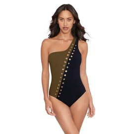 Amoressa Women's Swimwear Copernicus Saturn One Shoulder Soft Cup One Piece Swimsuit, Evoo, 12